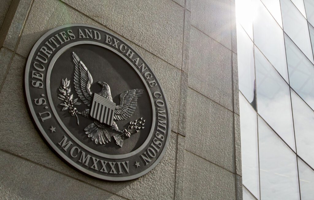 SEC logo with rejected Bitcoin ETF applications from BlackRock and Fidelity