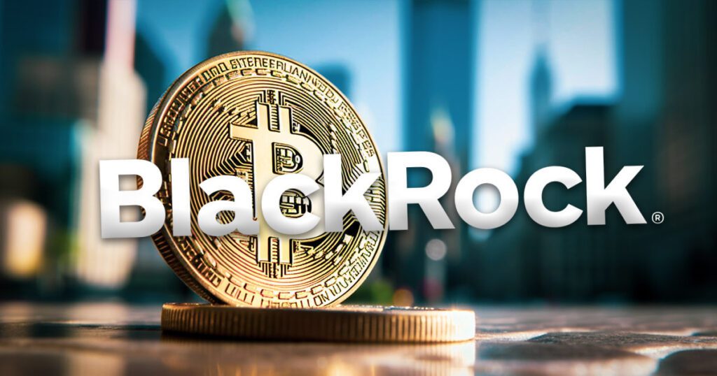 BlackRock logo with Bitcoin mining rigs in the background