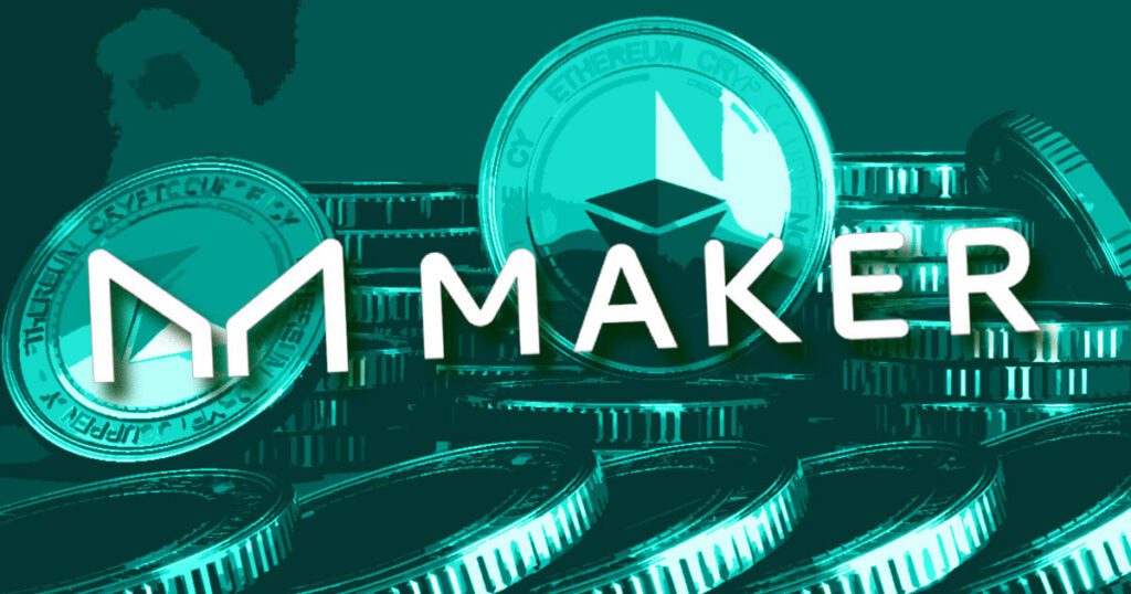 MakerDAO logo on a digital background.