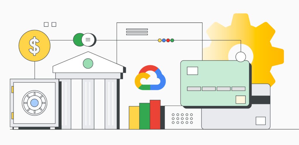 Google Cloud logo superimposed on a digital blockchain background.