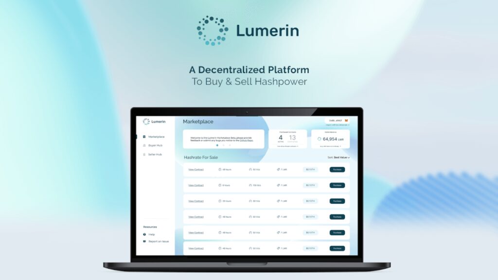 Lumerin's Decentralized Bitcoin Hashpower Marketplace logo against the backdrop of the Arbitrum One network