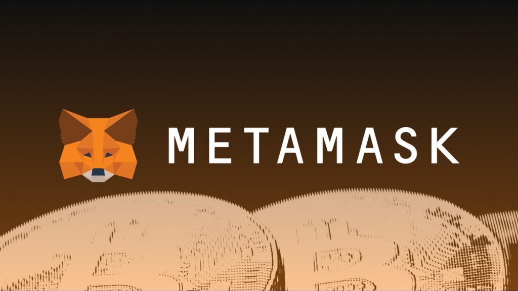 MetaMask logo with a background of coins representing cryptocurrency