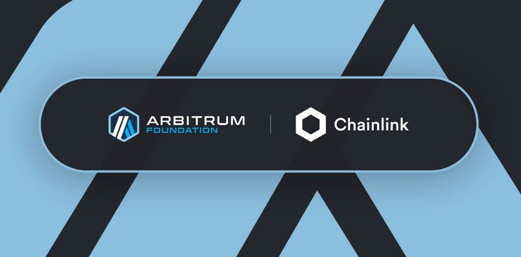 Chainlink and Arbitrum One logo merging symbolizing their collaboration on the CCIP launch