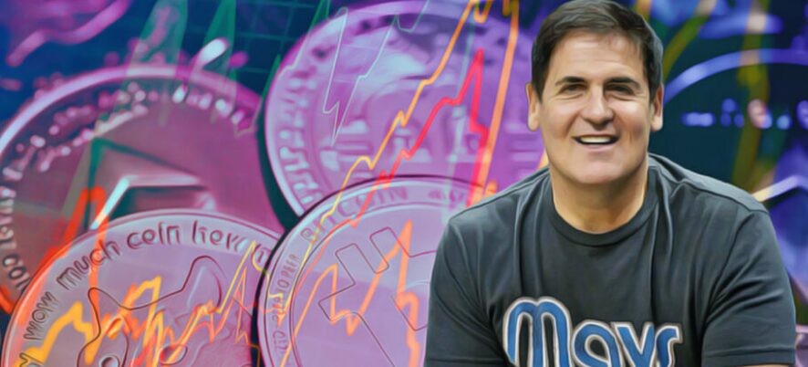 Mark Cuban looks contemplative against a backdrop of falling cryptocurrency symbols