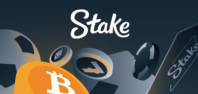 Stake logo with a background of digital transactions