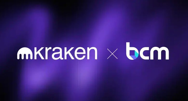 Kraken's logo signifying its acquisition of BCM in a move to expand in the European cryptocurrency market