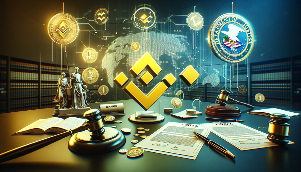 Binance logo with a background of legal documents and U.S. Department of Justice emblem, symbolizing the ongoing legal negotiations