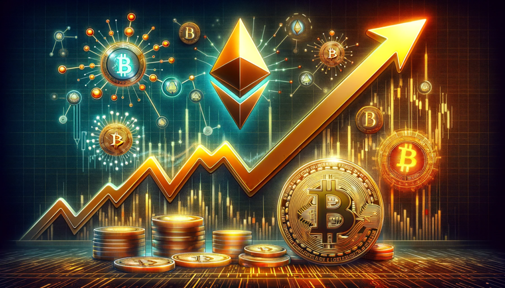 Graph depicting the surge in Bitcoin transaction fees compared to Ethereum, with Bitcoin Ordinals symbols and a rising trend line