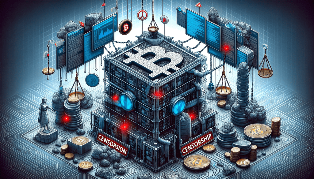 Image representing the debate on Bitcoin's anti-censorship principle with symbols of a mining pool, blockchain, and scales of justice