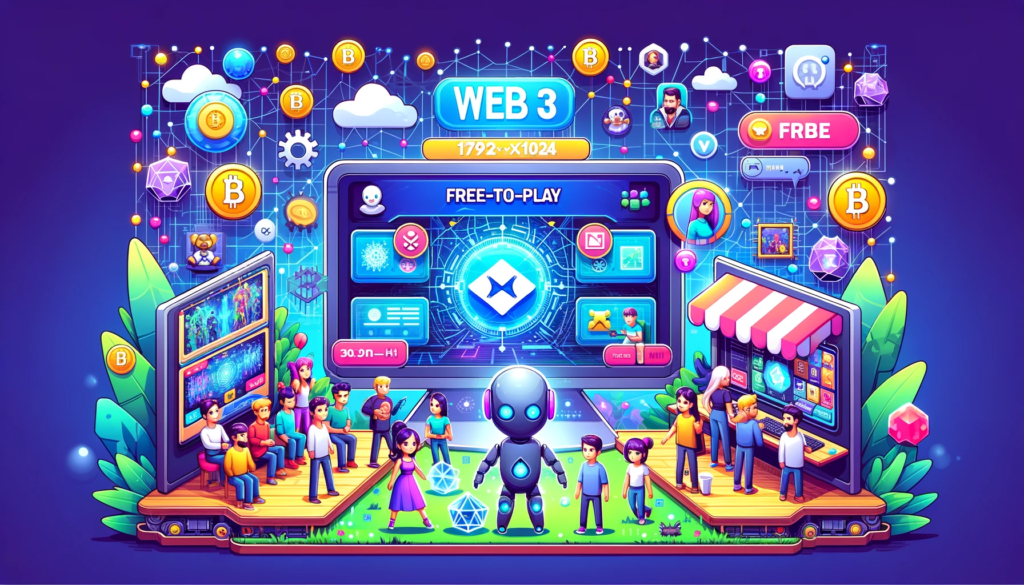 A vibrant depiction of a free-to-play Web3 game, showcasing AI characters and a user-friendly interface.