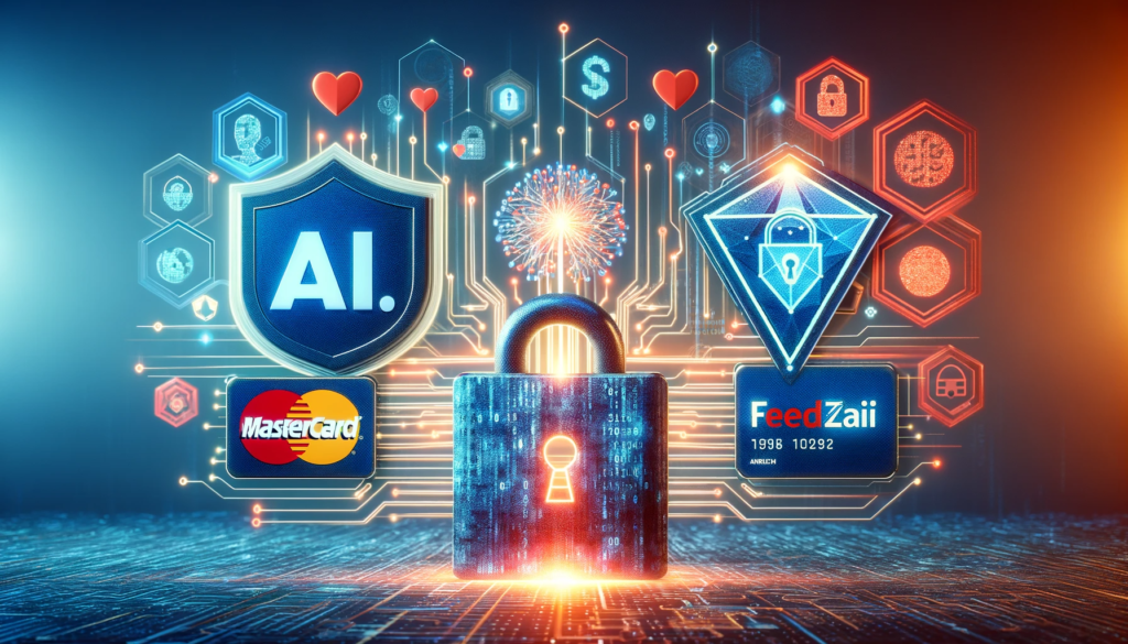 Mastercard and Feedzai logos with digital security icons, representing the partnership in crypto fraud prevention.