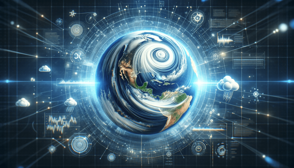 Illustration of the GraphCast AI model predicting weather patterns across a digital globe