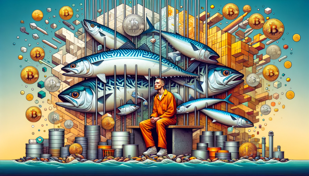 Illustration of Sam Bankman-Fried trading mackerel in prison