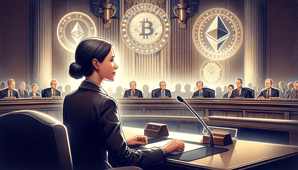 Senator Elizabeth Warren speaking at a Senate hearing, with a background of cryptocurrency symbols, emphasizing her focus on crypto regulation