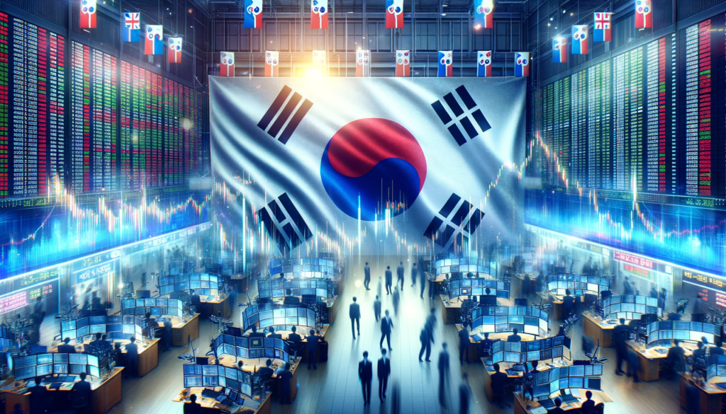 South Korean flag against the backdrop of a bustling stock exchange illustrating the country's short selling ban.