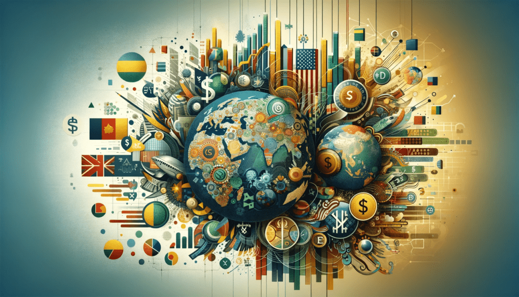 Illustration of BRICS challenging US dollar supremacy with global financial symbols and currency icons