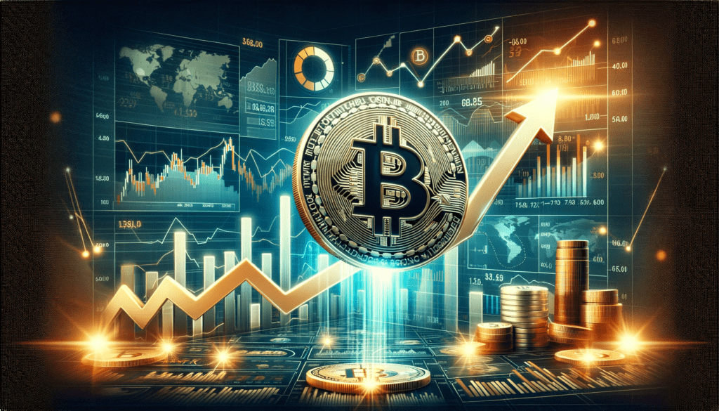 Image of Bitcoin symbol rising against a backdrop of financial charts and graphs, representing the bullish market trend