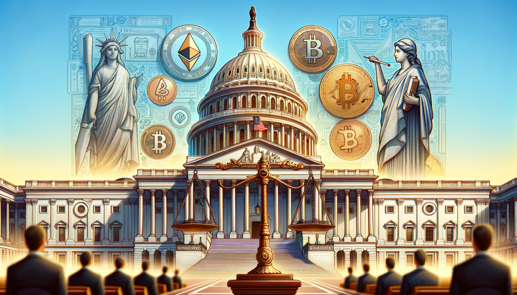 Illustration of U.S. Capitol with symbols of cryptocurrencies and legal scales, symbolizing the ongoing legislative process for crypto regulation