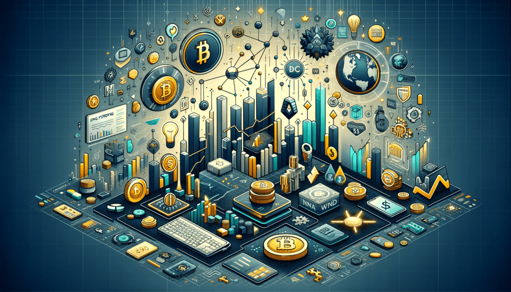 Illustration of 2023's trends in crypto venture capital funding with sector-specific icons and charts