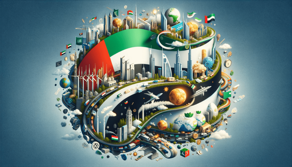 Image depicting symbols of the UAE and BRICS nations, with elements representing investment and climate initiatives