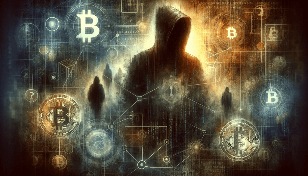 Artistic image of the enigmatic Satoshi Nakamoto with Bitcoin symbols and cryptographic elements