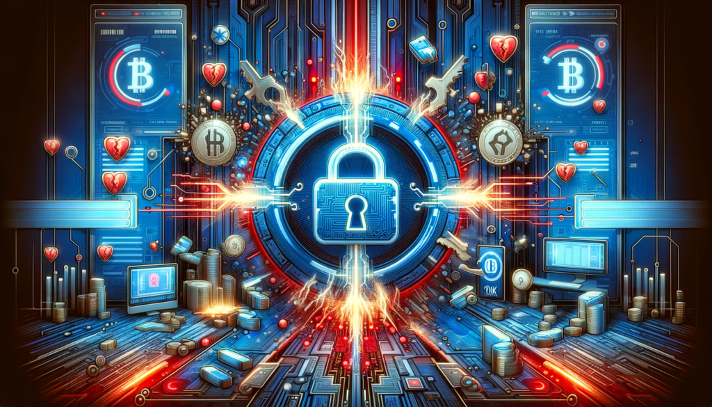 Illustration of OKX DEX interface with symbols of a security exploit and digital disturbance