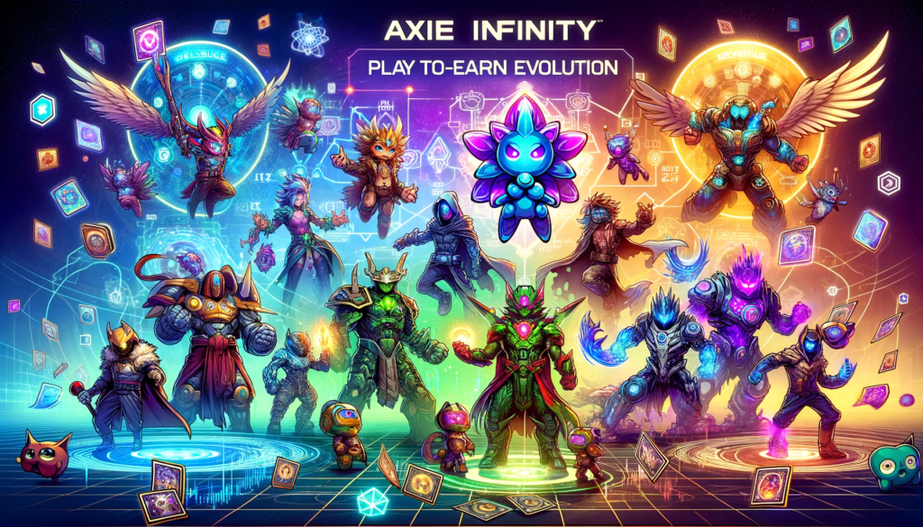 Illustration of evolved Axie Infinity characters in a dynamic play-to-earn gaming setting