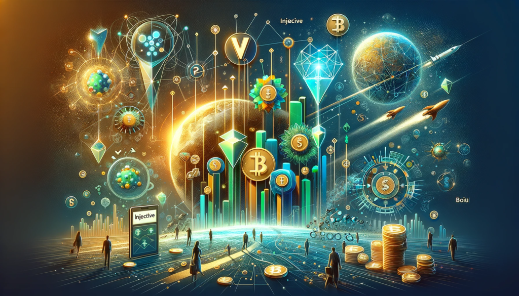 Illustration of Solana, Injective, and Starknet symbols with coins and wallets signifying profit opportunities