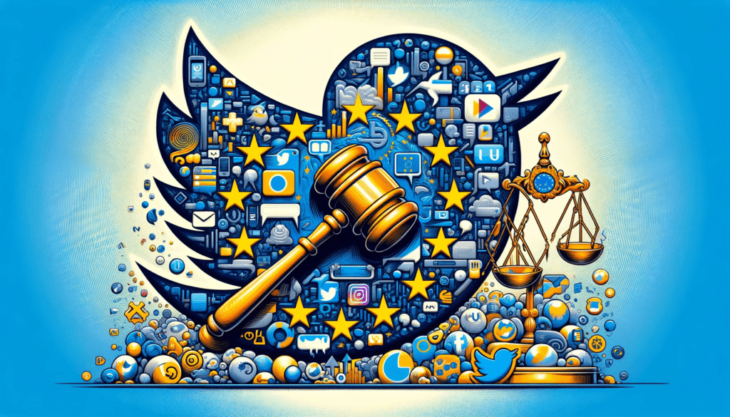 Illustration of EU flag and social media moderation symbols, depicting the EU inquiry into Twitter