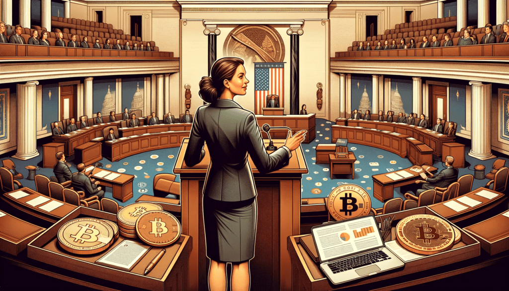 Illustration of Senator Elizabeth Warren with a crypto regulation bill, U.S. Senate backdrop, and Bitcoin symbols