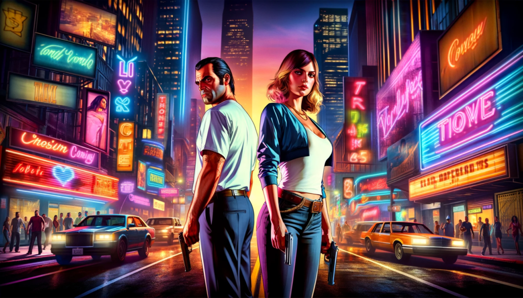 GTA 6 game cover featuring protagonists Lucia and an unnamed male character against a city backdrop