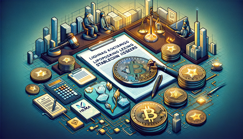 Illustration of Hong Kong's proposal for licensing stablecoin issuers with legal and cryptocurrency symbols