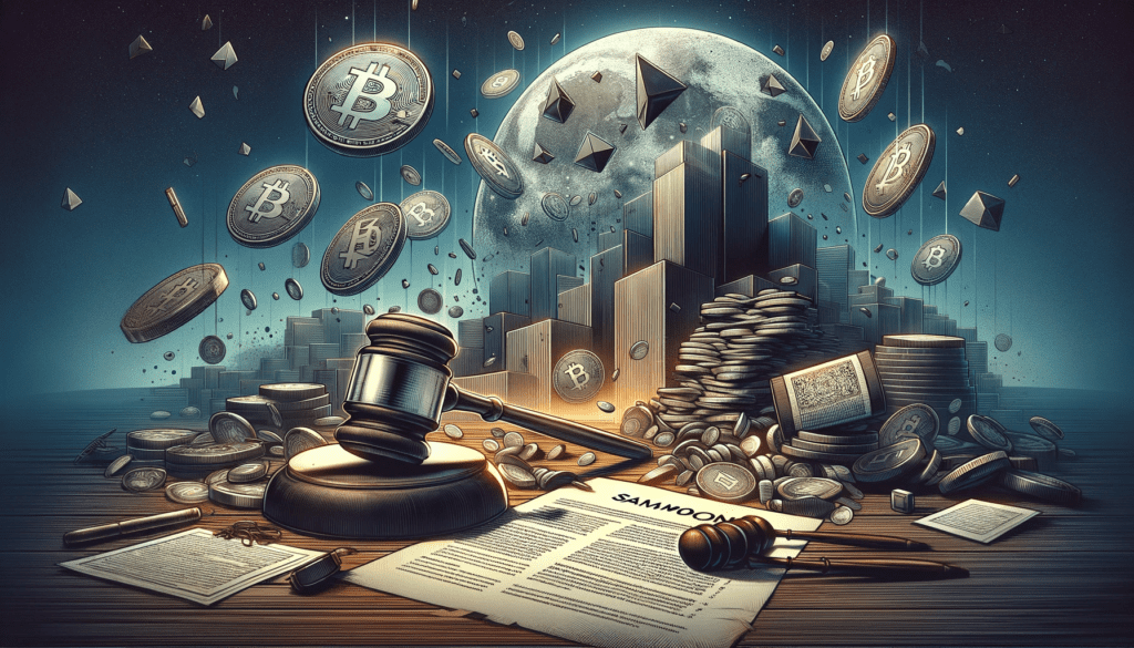 Illustration of SafeMoon's downfall with legal gavel, falling tokens, and bankruptcy papers