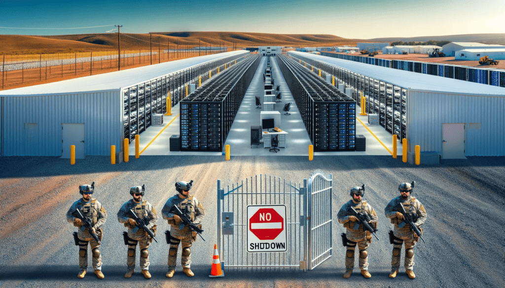 Texas Bitcoin mining facility with closed gates and security personnel, representing the shutdown of Rhodium Enterprises' operation by Whinstone Inc