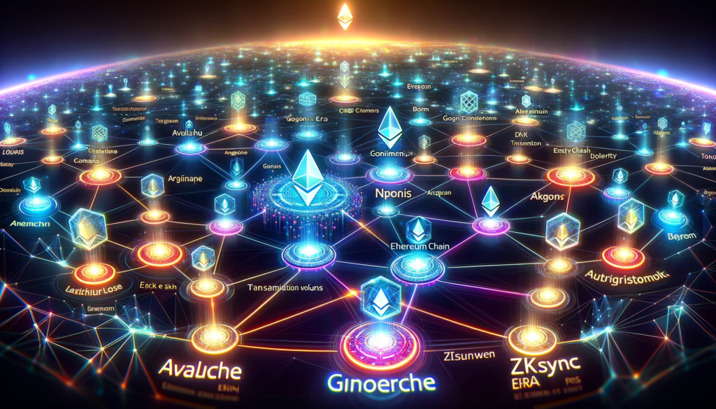 A graphic representation of various EVM-compatible blockchain networks illustrating the impact of inscriptions on transaction volumes