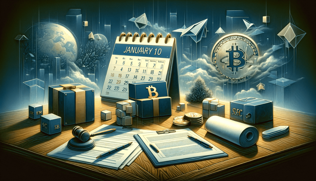 A dynamic depiction of the SEC grappling with paperwork amidst the Bitcoin ETF deadline, symbolizing regulatory challenges and financial anticipation.