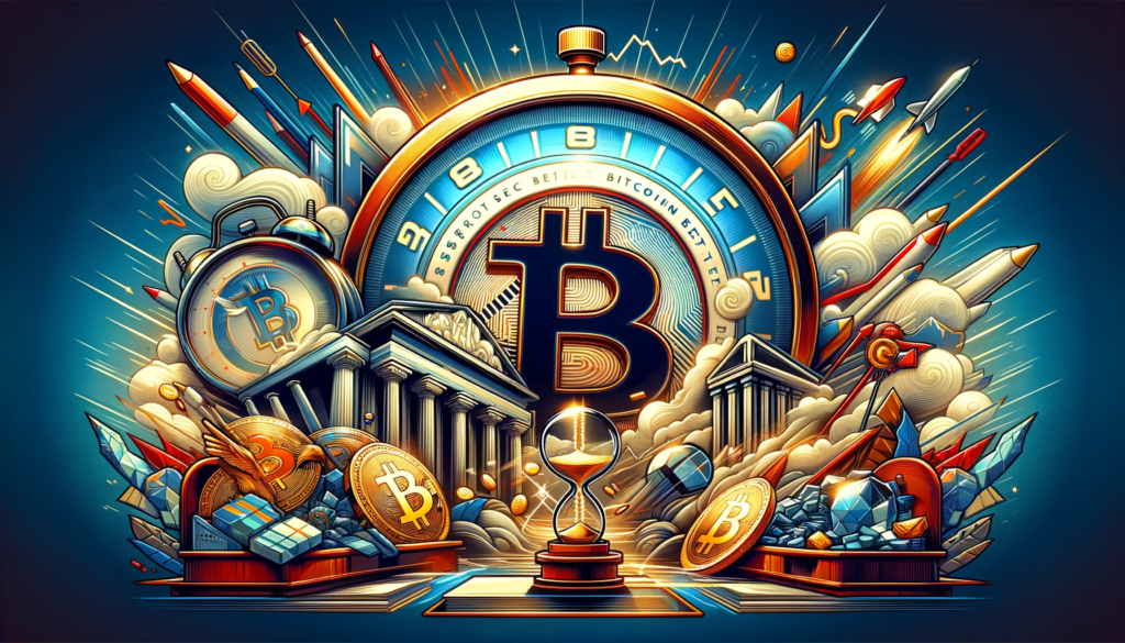 The image features stylized representations of Bitcoin, various SEC logos, and abstract imagery of competition and anticipation, such as racing lanes or a finish line