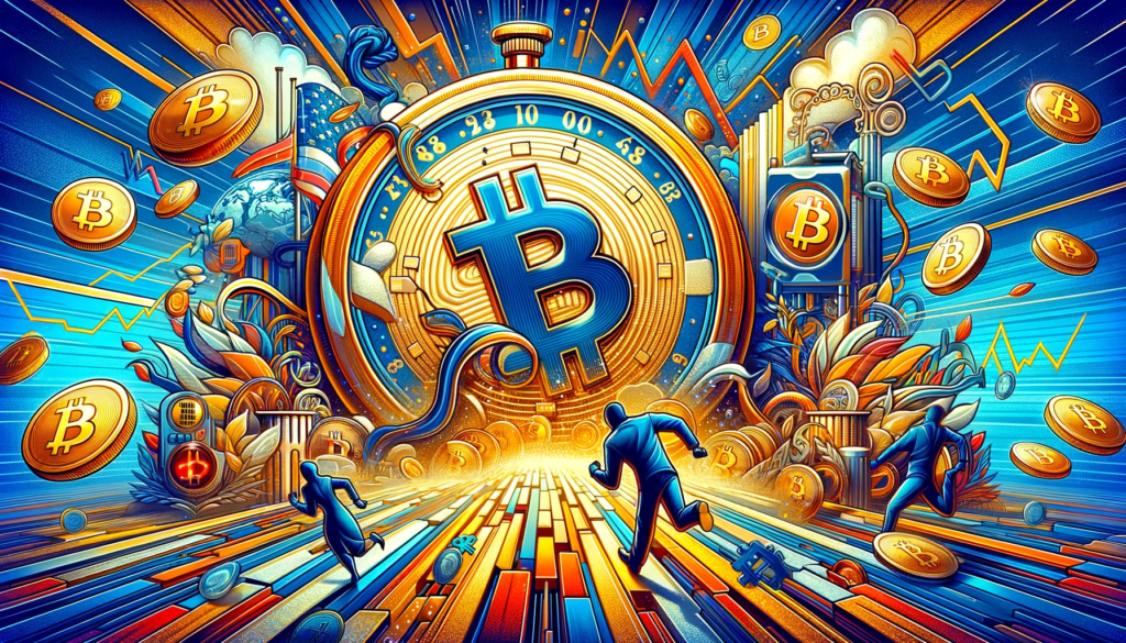 This vibrant scene includes symbolic elements like a ticking clock, Bitcoin symbols, and SEC emblems, all intertwined in a race against time​​.