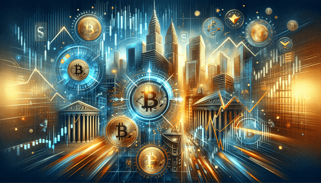 Illustration showcasing Wall Street's growing interest in Bitcoin investments with financial symbols, upward trend graphs, and Bitcoin representations in a professional blue, gold, and silver color scheme