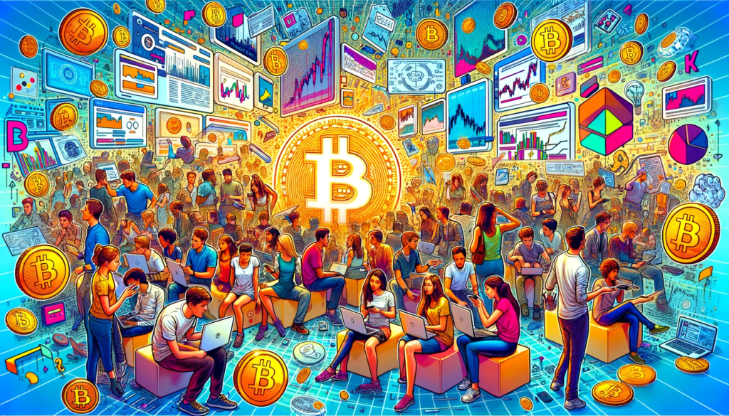 Illustration of Gen Z individuals engaging with Bitcoin, symbolizing the evolving perception of cryptocurrency among younger generations