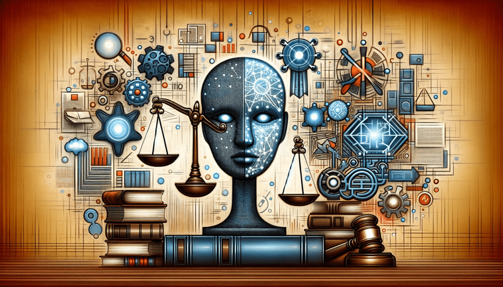 conceptual illustration that visualizes the legal clash between OpenAI and the New York Times. The image should feature symbolic elements like scales of justice, digital AI elements, and legal documents to represent the lawsuit