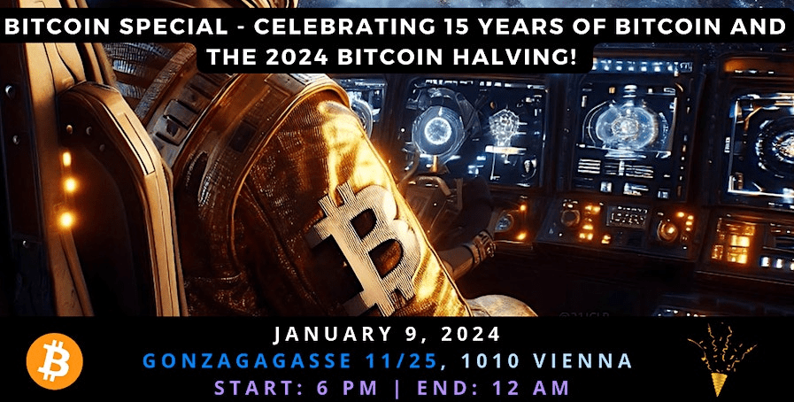 Dynamic representation of a prestigious Bitcoin event, showcasing speakers, attendees, and Bitcoin symbols, reflecting the event's innovative and intellectual atmosphere