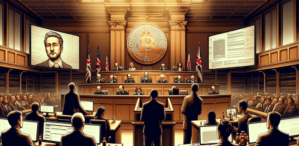 A courtroom scene depicting the significant trial between COPA and Craig Wright over the true identity of Bitcoin's creator, Satoshi Nakamoto