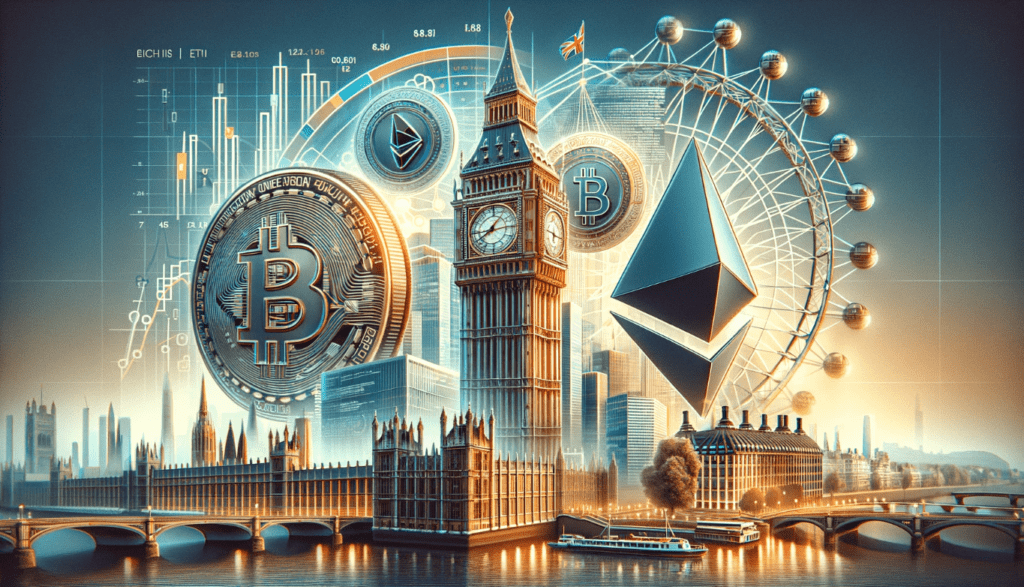 The London Stock Exchange building with Bitcoin and Ethereum symbols