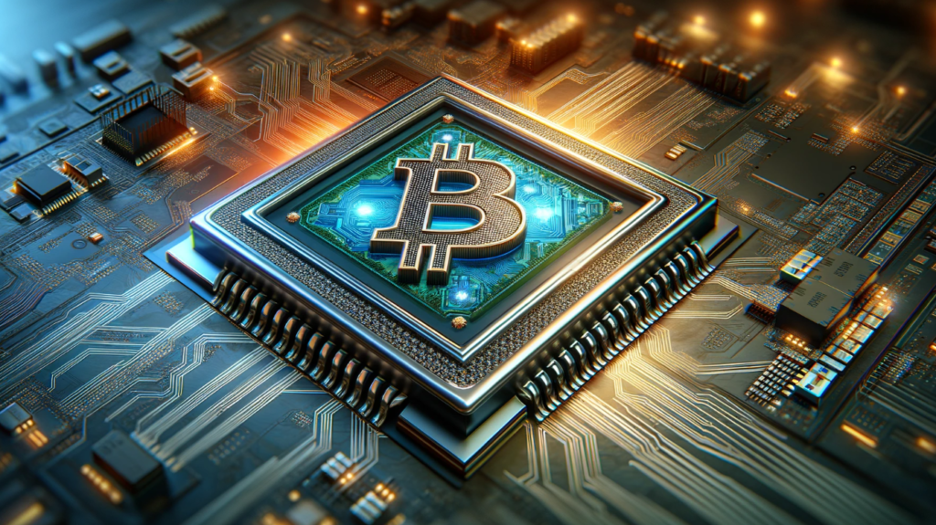 An electronic chip with Bitcoin symbol, representing Block's 3-nanometer mining chip