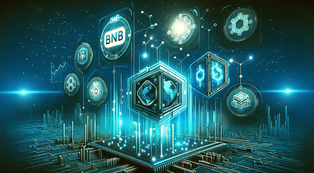 A digital representation of BNB Chain with symbols of staking and blockchain integration