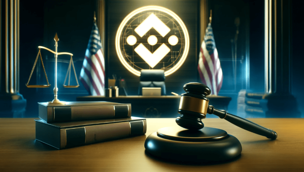 A courtroom with a gavel and a digital representation of Binance's logo, symbolizing the legal battle