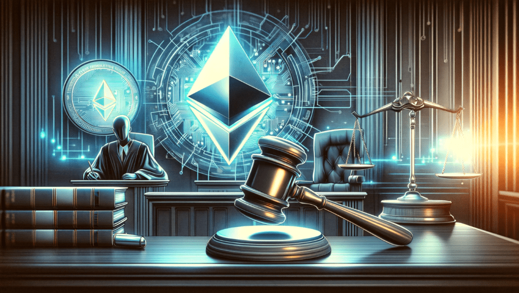 An illustration of a courtroom with Ethereum’s logo and a gavel, symbolizing the legal battle between ConsenSys and the SEC