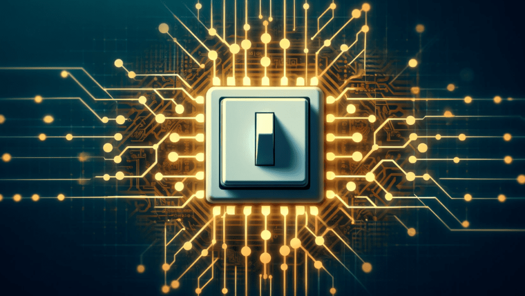 Conceptual illustration of a digital switch on a blockchain network, symbolizing the EU Data Act's potential control over smart contracts