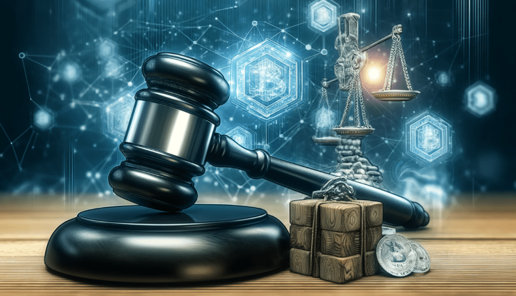 Illustration of a gavel and digital blockchain, symbolizing the new EU laws on crypto regulation